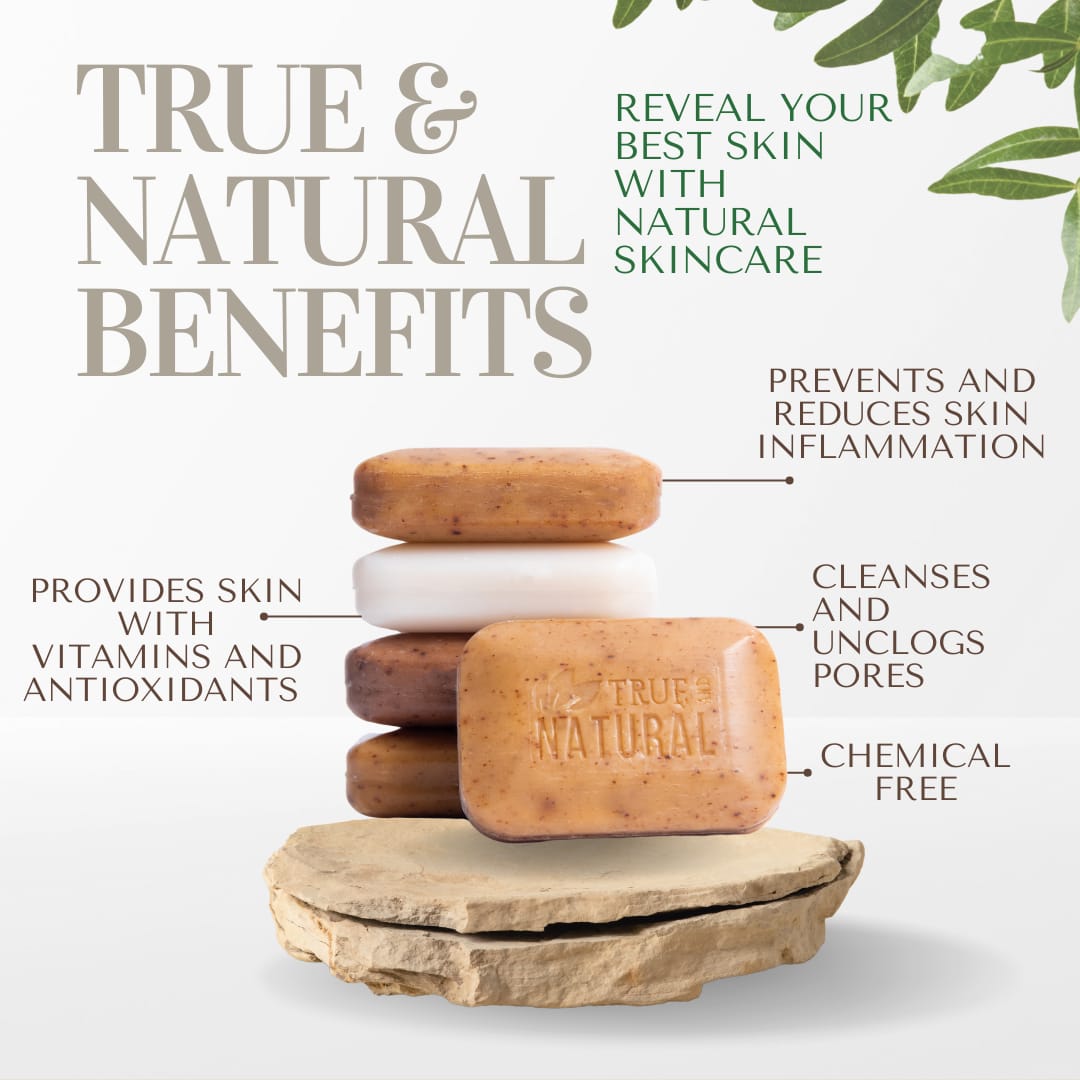 TRUE & NATURAL BUNDLE - EUCALYPTUS AND NEEM: BAMBOO CHARCOAL AND TURMERIC FACE & BODY SOAPS