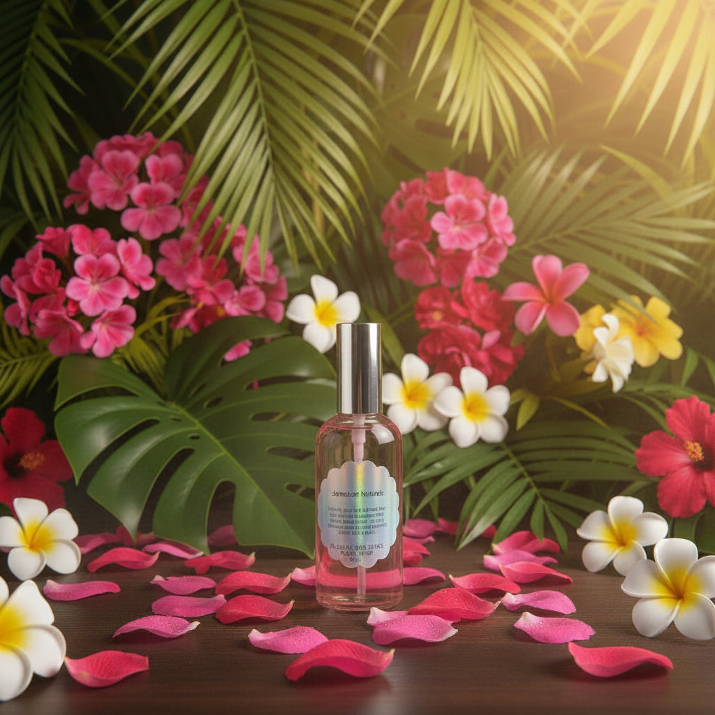 Skincare bottle with flowers and leaves in the background