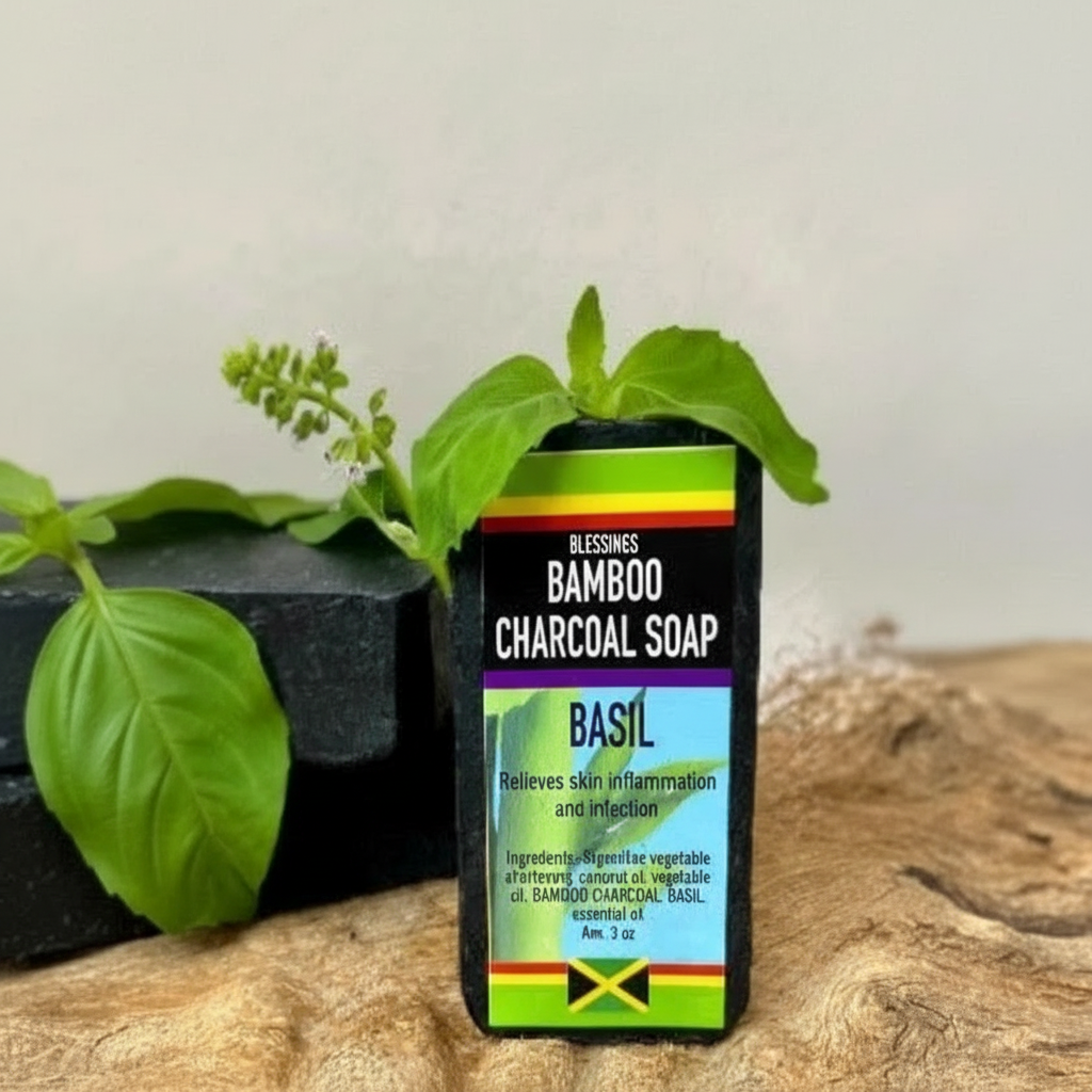 All Natural Skincare Blessings Bamboo Charcoal Soap Basil - Jamaican Naturals