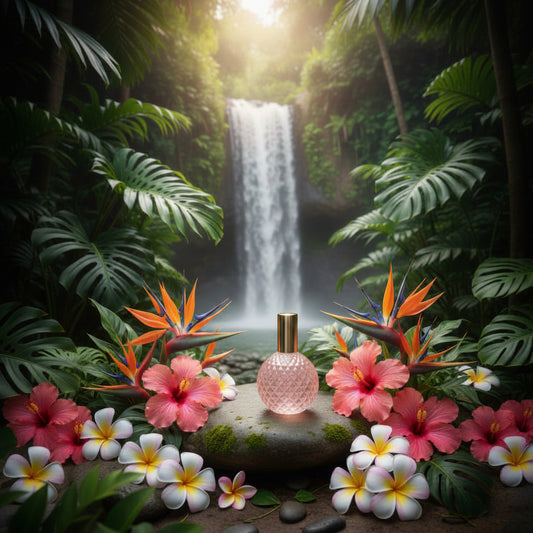 Tropical flowers and perfume bottles in front of a waterfall
